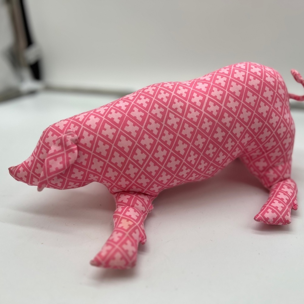 Vintage circa 1980's Marblehead Handprints Pink Cotton Stuffed Pig